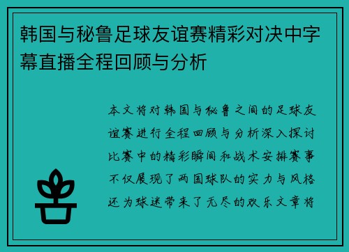 韩国与秘鲁足球友谊赛精彩对决中字幕直播全程回顾与分析